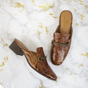 Patricia Nash Metallic Tooled Leather Tan Gold Tilly Loafers Mules Heels 8.5